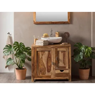 Woodkings Waschtisch Laros 80 cm aus Akazie Massivholz – Badunterschrank mit Türen und Schublade ohne Waschbecken