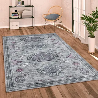 Paco Home Waschbarer Teppich Wohnzimmer Schlafzimmer Vintage Modern Orientalisch Ornament Flachgewebe Bordüre, Grösse:140x200 cm, Farbe:Grau