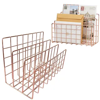 QQdou 2PCS Metall Briefhalter, Briefständer 24 x 12 x 15,8cm, 3 Fächer Dokumentenhalter, Schreibtisch-Organizer, für Büro Hause Schule(Roségold
