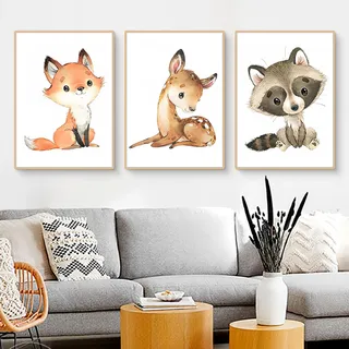 3er Poster Set Waldtiere Kinderzimmer, Bilder Kinderzimmer Jungen & Mädchen, Wanddeko für Babyzimmer Dekoration, Wandbilder Tiere Fuchs Kaninchen Giraffe (ABC,21x30cm)
