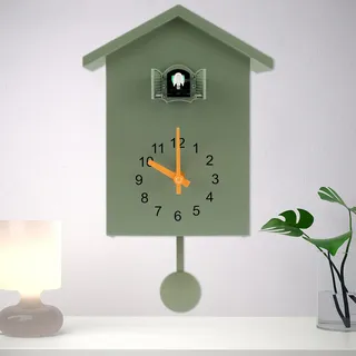 Minimalistische Kuckucksuhr Mit Pendel - Zarte Vogelhaus Wanduhr Mit Chimer, Batteriebetrieben für Wandkunst, Zuhause, Wohnzimmer, Küche, Büro Dekoration (Grün)