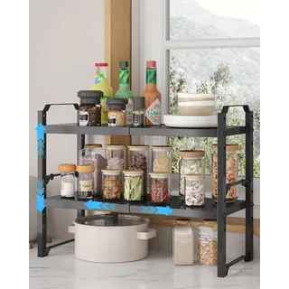UMDONX 2 Stück Küchenregal Arbeitsplatte Stehend Ausziehbar von 32,5-52 cm | Stapelbares Gewürzregal aus Metall Regaleinsatz für Küchenschrank Schrankeinsatz Organizer,Schwarz