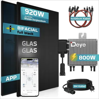 sunniva Balkonkraftwerk Full Black Bifazial 920 W inkl. DEYE 800W Wechselrichter + 2 x 500 W Glas-Glas Bifacial Module