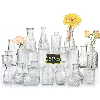 Kleine Vasen Set 25st EylKoi - Kleine Vasen für Tischdeko, Vase Vintage Glas, Glasvasen für Tischdeko Klare Minivasen Set Vase Vintage Eine Blume für Rustikale Hochzeits Dekorationen,zuhause