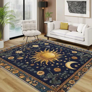 TerroVee Celestial Teppich, Sonne Mystisch Vintage Teppich Eingang, Botanisch Fantasy Kurzflor Waschbar Antirutsch Klein Teppiche, 50x80 cm, Blau Gold