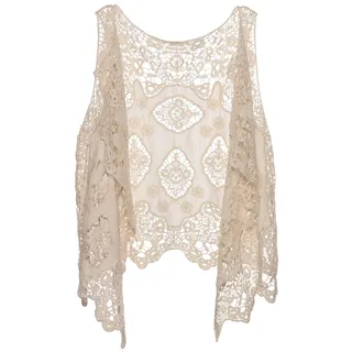 Berax Damen Weste Cardigan Sommer Hippie Gilet Häkeln Hohl Spitze Irregular Boho Ärmellos Cardigan Weste Kurz (Beige) - Einheitsgröße