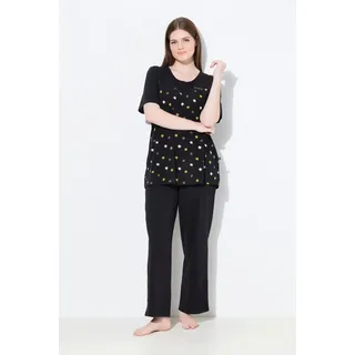 Ulla Popken Pyjama Blüten Stickerei Rundhals Halbarm schwarz 50/52