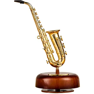 Solinder Musikbox Saxophon-Spieluhr Klassische Aufzieh-Spieluhr Drehbare Spieluhr Rotierende Basis Holzblasinstrument Miniaturreplik Artware Geschenk für Weihnachten Geburtstag Valentinstag Muttertag