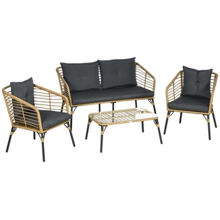 Outsunny 4 tlg. Gartenmöbel-Set, Rattan Sitzgarnitur mit Kissen, Sitzgruppe mit 3 Sesseln, 1 Couchtisch, Balkonmöbel im Boho-Stil für 4 Personen...