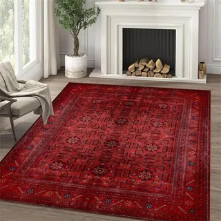 AUWUUA Orientalischer Teppich Wohnzimmer 250x350cm Vintage Boho Teppich Schlafzimmer, Maschinenwaschbarer Kurzflor Rot Bordüre Tribal Bodenteppich für Küche, Esszimmer, Büro, Flurläufer Dekoration