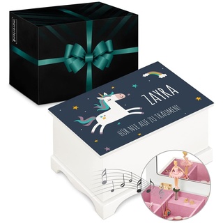 Maverton personalisierte Musik Schmuckdose mit Aufzieh-Spieluhr - Schmuckkästchen Ballerina - Musikspieldose für Mädchen zur Geburt - zum Geburtstag - zu Weihnachten - ohne Schublade - Einhorn
