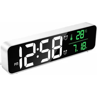 Digitaler Wecker, Led-digitalspiegel-wanduhr, Großes Display Mit Temperaturdatum, 2 Alarme, 40 Musik, 6 Dimmbare Helligkeiten, Usb-uhr Für Das Home Office, Weiß