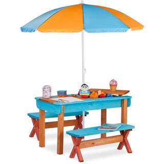 Relaxdays Kindersitzgruppe Garten, Holz, Spieltisch Set aus Tisch, 2x Sitzbank & Sonnenschirm, Outdoor Kindermöbel, bunt