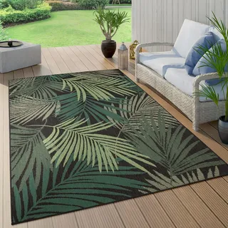 Paco Home Outdoor Teppich Wetterfest Flur Balkon Palmen Dschungel Florales Boho Muster Grün, Grösse:160 cm Rund, Farbe:Schwarz