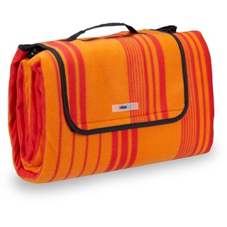 Relaxdays Picknickdecke Fleece, wasserdichte Outdoordecke, wärmeisoliert, Tragegriff, XL 200x200cm, orange-rot gestreift