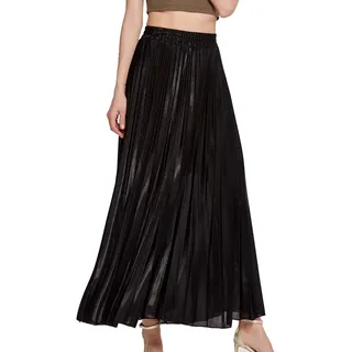 Faltenrock Maxi Damen Langer Plisseerock Hohe Taille Grelle Farbe Rock Schwarz S - S