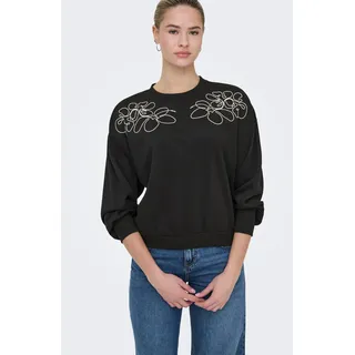 Sweatshirt ONLY "ONLBROOKE L/S O-NECK DETAIL SWT NOOS", Damen, Gr. S, schwarz (schwarz detail:ecru draw flower), Sweatware, Obermaterial: 60% Baumwolle, 40% Polyester, regular fit normal, Rundhals, Rippbündchen, Sweatshirts Sweatshirt