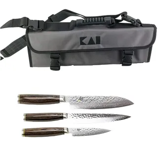 KAI Shun Tim Mälzer Damast-Messerset | KAI Messertasche + TDM-1700 (Officemesser) + TDM-1701 (Allzweckmesser) und TDM-1702 (Santoku)
