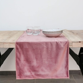 Tischläufer aus Samt mit bestickter Bordüre, rechteckiger Tischläufer aus Samt, Tischsets, Tischdekoration, Altrosa, 150 x 45 cm