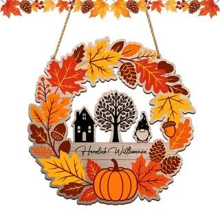 Nidoul Türkranz Herbst Holz, Deko Herbst Innen kürbis tannenzapfen groß für Haustür Fenster Wand Kamin, Herbstdeko Draußen zum Aufhängen für Autumn Decor Wreath für Home Thanksgiving Dekoration