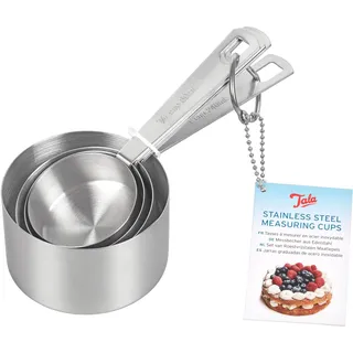 Tala Messbecher Set 4 Stück Edelstahl mit ML und Cup Skala Stapelbare Messbecher mit Ring für Kochen und Backen Küchen Messbecher zum Abmessen Silber