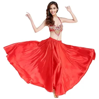 Wuchieal Bauchtanz Satin Rock Professionelle Tänzer Glänzender Full Round Swing Dance Skirt (Rot, One Size) - Einheitsgröße