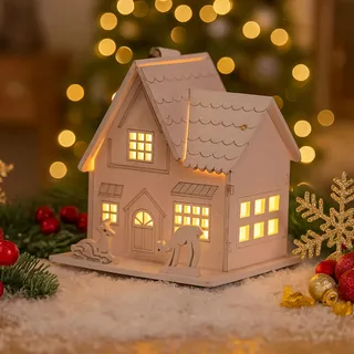GZWY Weihnachtsdorf mit Beleuchtung, Weihnachtsdeko Holz Innen Weihnachtshäuser, Weihnachten Deko Lichthaus mit LED Licht, Weihnachtshaus Beleuchtet Weihnachtsdorf Häuser Deko Weihnachten Innen (B)