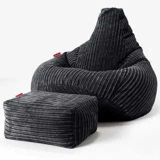 Lounge Pug, Gaming Sitzsack Sessel mit Hocker, Cord Schwarz