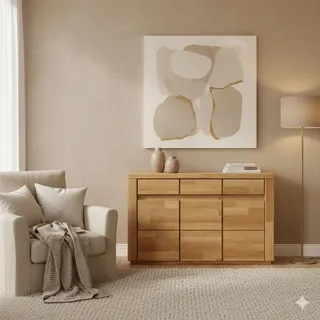 Kommode,  Sideboard Bergen aus Kernbuche massiv geölt mit drei Türen und drei Schubladen , grifflose Optik , L: 127 x T 37 x H 79 cm - Braun