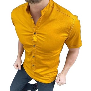 Kurzhemd Herren designer Premium Megaman Hemd Slim-Fit Business Hochzeit Shirt Sommer Hemden Größe L Gelb