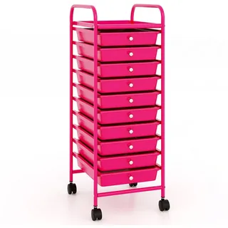Costway Rollwagen mit Schubladen, Rollcontainer, Badezimmerwagen, Seitenwagen mit 10 stapelbaren Schubladen, Metallrahmen (Pink)