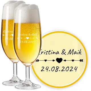 LALALO Leonardo Hochzeit Bierglas Geschenk-Set (2 St.) graviert, Biertulpe/Pilstulpe mit Gravur personalisiert als Hochzeitsgeschenk, Hochzeitstag, Standesamt (Liebespfeil)