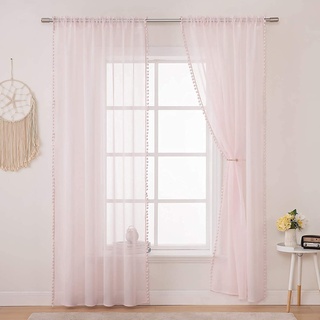 MIULEE Vorhang mit Pompons-Hübsche Rosa Gardinen für Kinderzimmer Mädchen, 2 Stücke Transparent Gardinen mit Pompons für Mädchenzimmer, Durchsichtig Vorhang mit Bommeln, Jeder H 175 X B 140cm