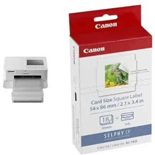 Canon SELPHY CP1500 Mini Fotodrucker (Druck bis Postkartengröße 10x15cm, USB-C, WLAN, kabellos) weiß, Klein & KC-18 is 5 x 5cm Sticker-Papier für Selphy Drucker