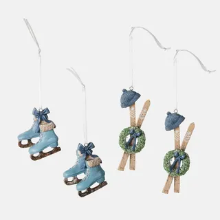 Loberon Anhänger 4er Set Papeta, blau | Zwei Winter-Designs - Detailreich & Stimmungsvoll - von Hand Bemalt - Weihnachten - Christbaumschmuck