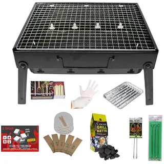 Komplettes BBQ-Koffergrillset – Tragbarer Holzkohlegrill mit Aschebehälter, Kokosbriketts, Anzündern, Einwegbesteck & Zubehör – Alles-in-einem Set für Garten, Balkon, Camping, Picknick & Festivals