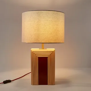 Tischlampe Cérabi Aus Rattan Und Keramik, Lampenschirm Aus Leinen Natur/Siena