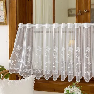 Tolldek Scheibengardinen Transparent Jacquard Gardine mit Blumen Schmetterling Panneaux Gardinen Landhaus Bistrogardine Weiß mit ösen Kurze Küchengardinen mit Gebogter Kante BxH 100x45cm 1 Stück