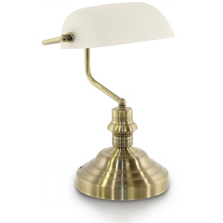 bmf-versand® Bankerlampe Weiß Messing Retro inklusive Leuchtmittel - Schreibtischlampe LED mit Weißem Glas Lampenschirm - Banker Tischlampe Büro - Schreibtischleuchte inkl. Pflegetuch