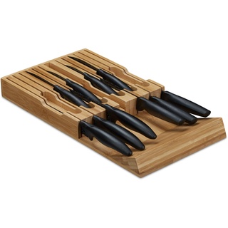 Relaxdays Messerhalter Schublade, für 12 Messer & Wetzstahl, Bambus Messerblock liegend, HBT: 4, 5 x 43, 5 x 23 cm, natur