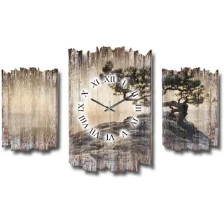 Kreative Feder Dreiteilige Designer-Wanduhr Einsamer Baum Shabby-Chic Landhaus-Stil leise Funkuhr ohne Ticken 95x60cm aus Holz (Einsamer Baum, leises Funkuhrwerk)