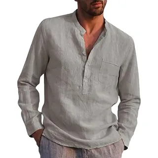 ZWDC Herren Stehkragen Unifarben Knopftasche Langarm Stehkragen Hemd Leinenshirt Einfarbig Revers Button Down Freizeithemd Businesshemd Sommer Regular Fit Bluse - 3XL
