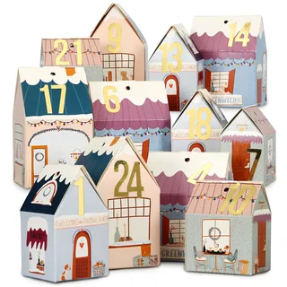 Papierdrachen Adventskalender 2025 - DIY Häuser-Set Weihnachtsdorf - 24 bunte Faltschachteln zum Basteln, Befüllen und Aufstellen