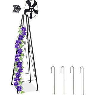 Relaxdays Rankhilfe mit Windrad, Kletterhilfe für Rosen und Kletterpflanzen, mit Erdanker, Stahl, 184 cm hoch, schwarz