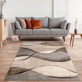 TT Home Teppich Modern Wohnzimmer Webteppich Modern Style Wellen Meliert Grau Beige Creme, Größe:160x230 cm