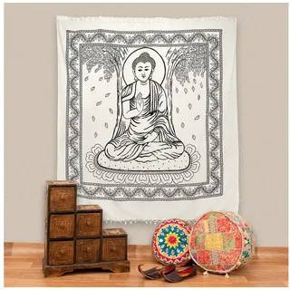 KUNST UND MAGIE Wandteppich Buddha Dekotuch Große Tagesdecke Wandbehang Tuch Goa ca. 210 x 255 cm beige
