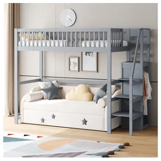 XDeer Kinderbett Kinderbett Hochbett 90x200 mit Treppe, Kinderbett aus Holz mit, mit Aufbewahrungsregal, einfacher Kleiderschrank Grau grau