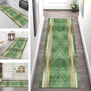 Läufer Teppich Flur Küche Waschbar rutschfest Küchenläufer Meterware 70X180CM Grün Gold Braun Lang Teppichläufer Teppichmatte Dauerhaft für Korridor Wohnzimmer Schlafzimmer Anpassbar Modern Läufer