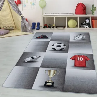 Kinderteppiche für Kinder Karo Design Fußball Pokal Optik Spielteppich Waschbar Trikot Pokal Jungen Teppich für Kinderzimmer Babyzimmer Spielzimmer Teppich Farbe: Grau, Grösse: 160 x 230 cm