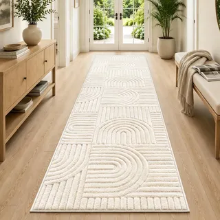 VSIWB Teppich Läufer Flur 80x300 cm Waschbar rutschfest Kurzflor Küchenläufer Flauschiger weiche Moderner Geometrie 3D Effekt Teppiche für Küche Wohnzimmer Schlafzimmer Diele Eingang